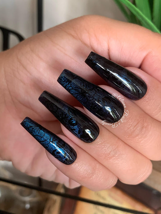 Floral Blue/ Purple Press On Nails/ Cat Eye Nails/ Reusable/ Fake Nails/Glue On Nails/ Handmade False Nails