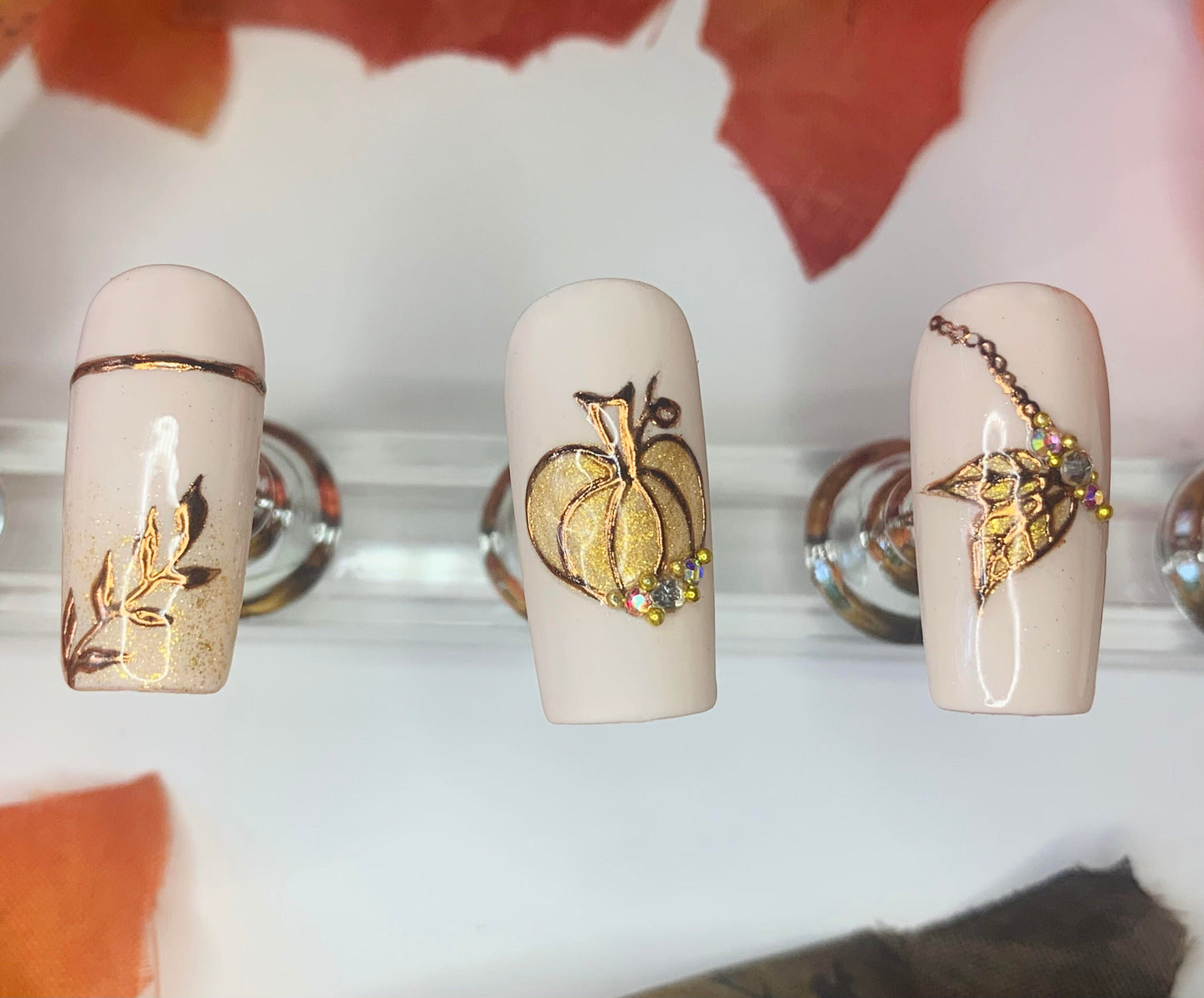 Elegant Fall Design/ Press On Nails with Glossy and Matte Finish/ Handpainted/ Thanksgiving Nails/ Glue On Nails/ Coffin/ Square/ Stiletto