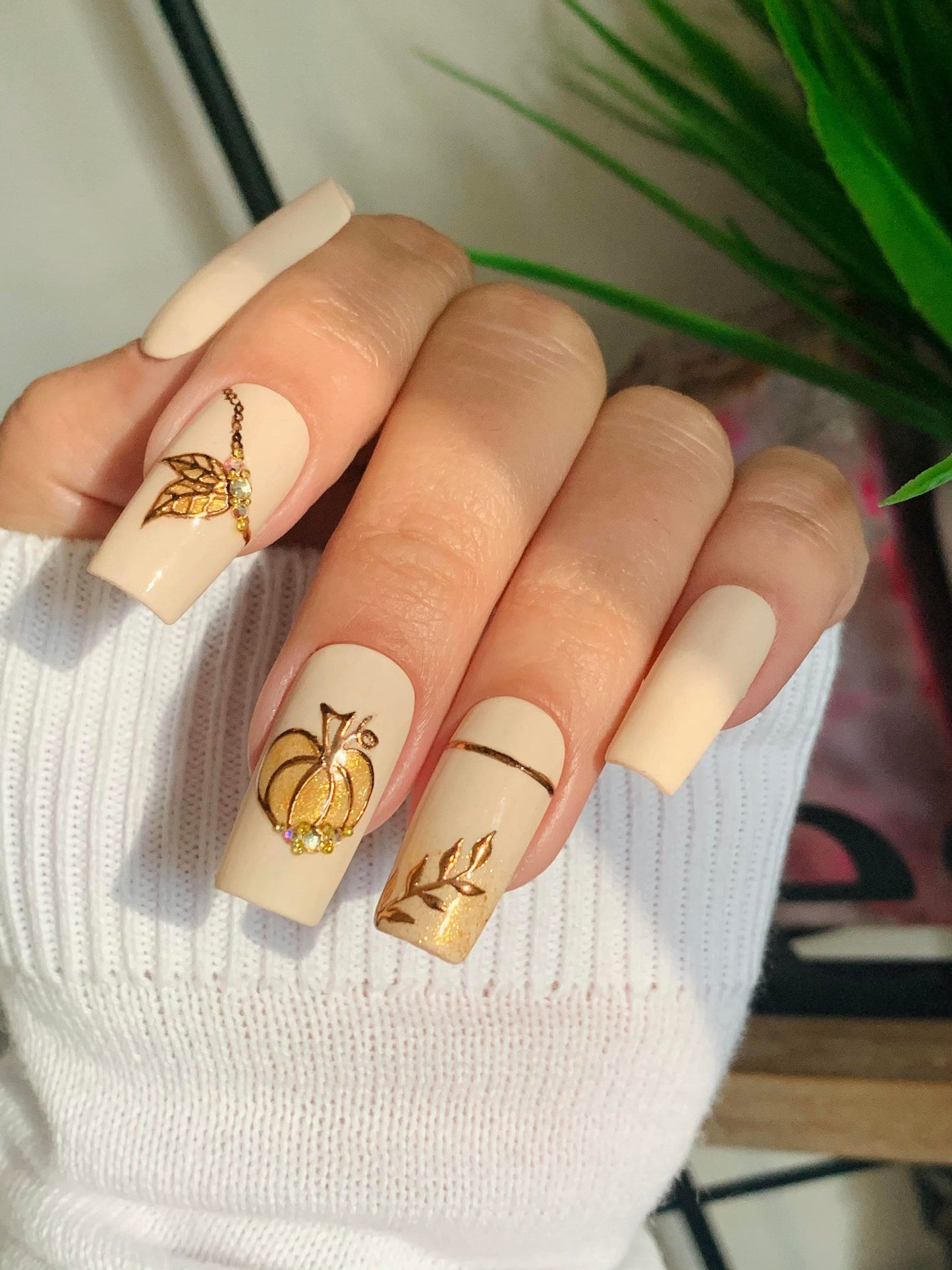 Elegant Fall Design/ Press On Nails with Glossy and Matte Finish/ Handpainted/ Thanksgiving Nails/ Glue On Nails/ Coffin/ Square/ Stiletto