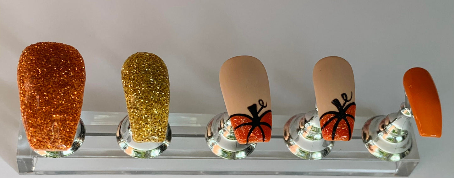 Reusable Glitter Pumpkins Press On Nails with Matte and Glossy Finish/ Fall Press On Nails/ Glue On Nails/ Handmade / Long and Short Nails