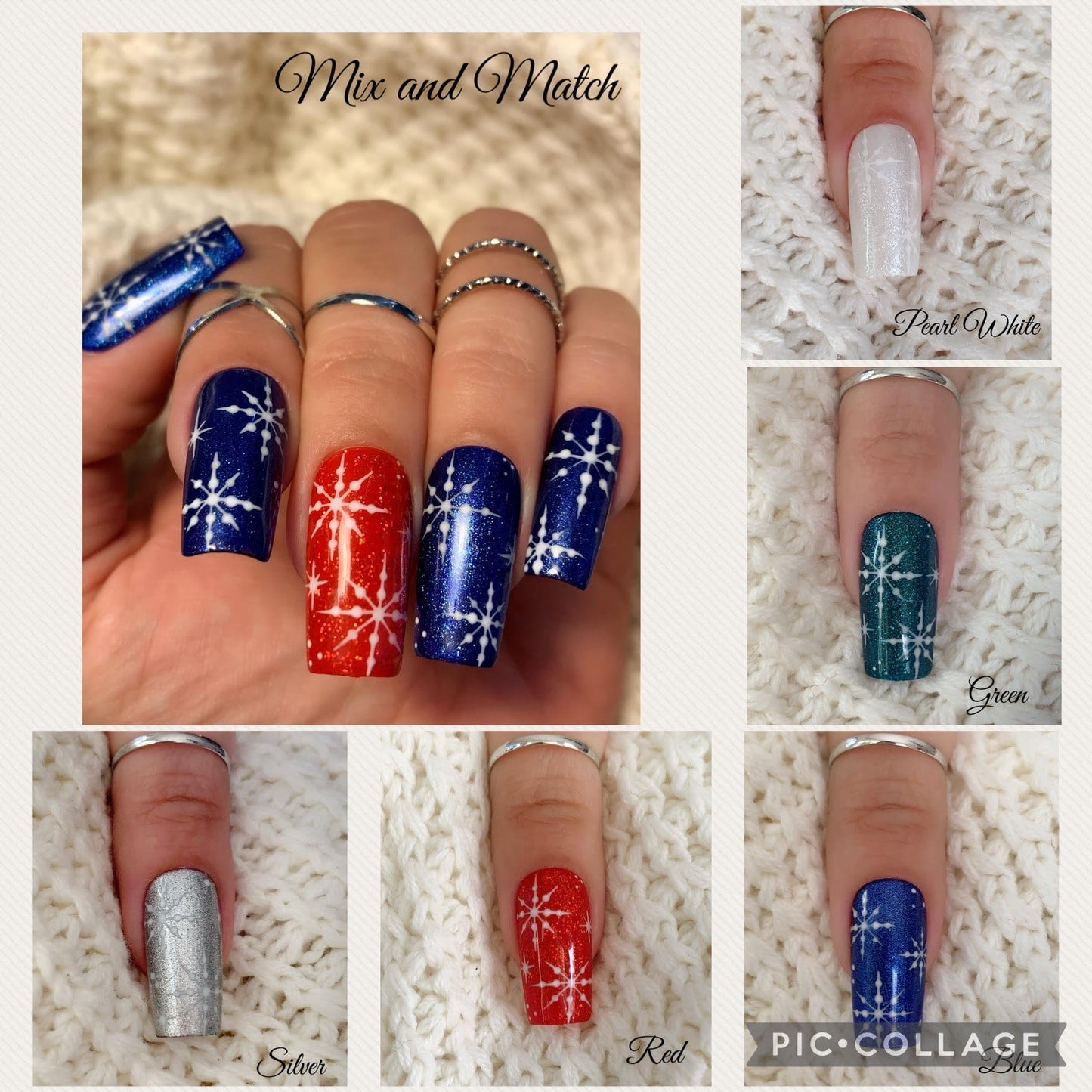 Reusable Winter Press on Nails/ Handpainted snowflakes/ Multiple colors/ Glue on Nails/ Fake Nails/ Christmas Nails/ Long Nails/ Short Nails