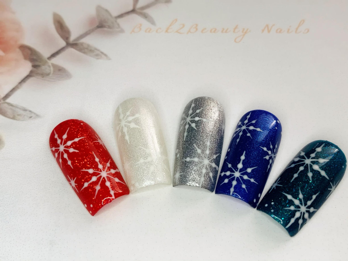 Reusable Winter Press on Nails/ Handpainted snowflakes/ Multiple colors/ Glue on Nails/ Fake Nails/ Christmas Nails/ Long Nails/ Short Nails