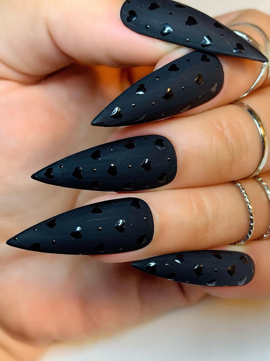 Handpainted "Black Hearts" Valentine's Day Press on Nails/ Black Valentine’s Day Nails/ Glue On Nails/ Fake Nails/ Luxury Press on Nails
