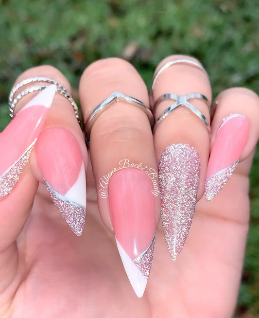Pink Glitter Press on Nails/Elegant Press on Nails/ Handcrafted French Press on Nails