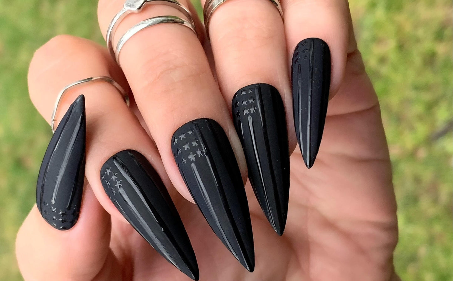 Matte Black American Flag Press on Nails| 4th of July Nails| Handpainted Press on Nails