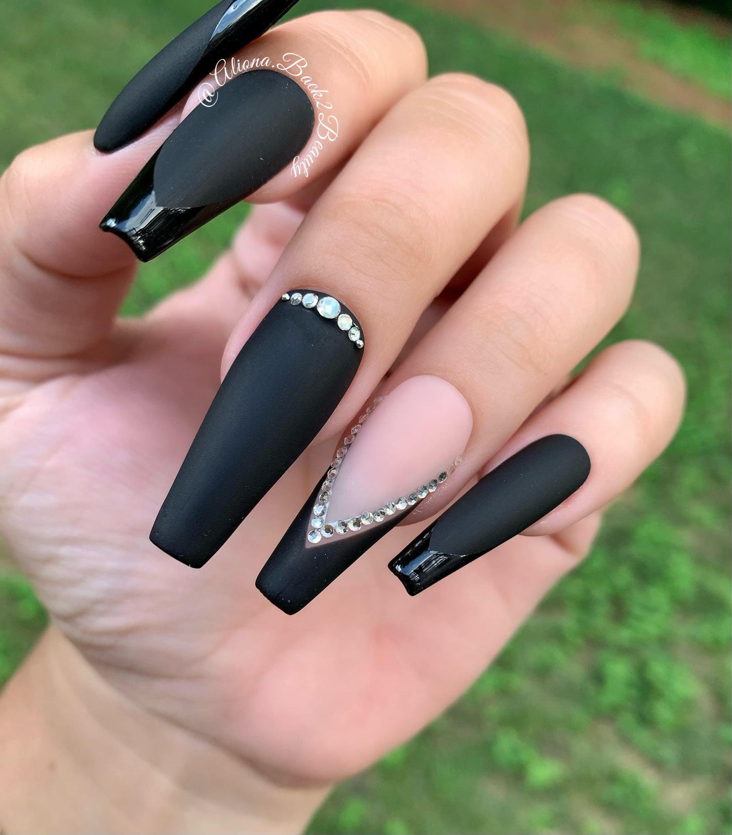 Black on black matte and glossy nails with bling accents/ Reusable press on nails/ Handcrafted press on nails