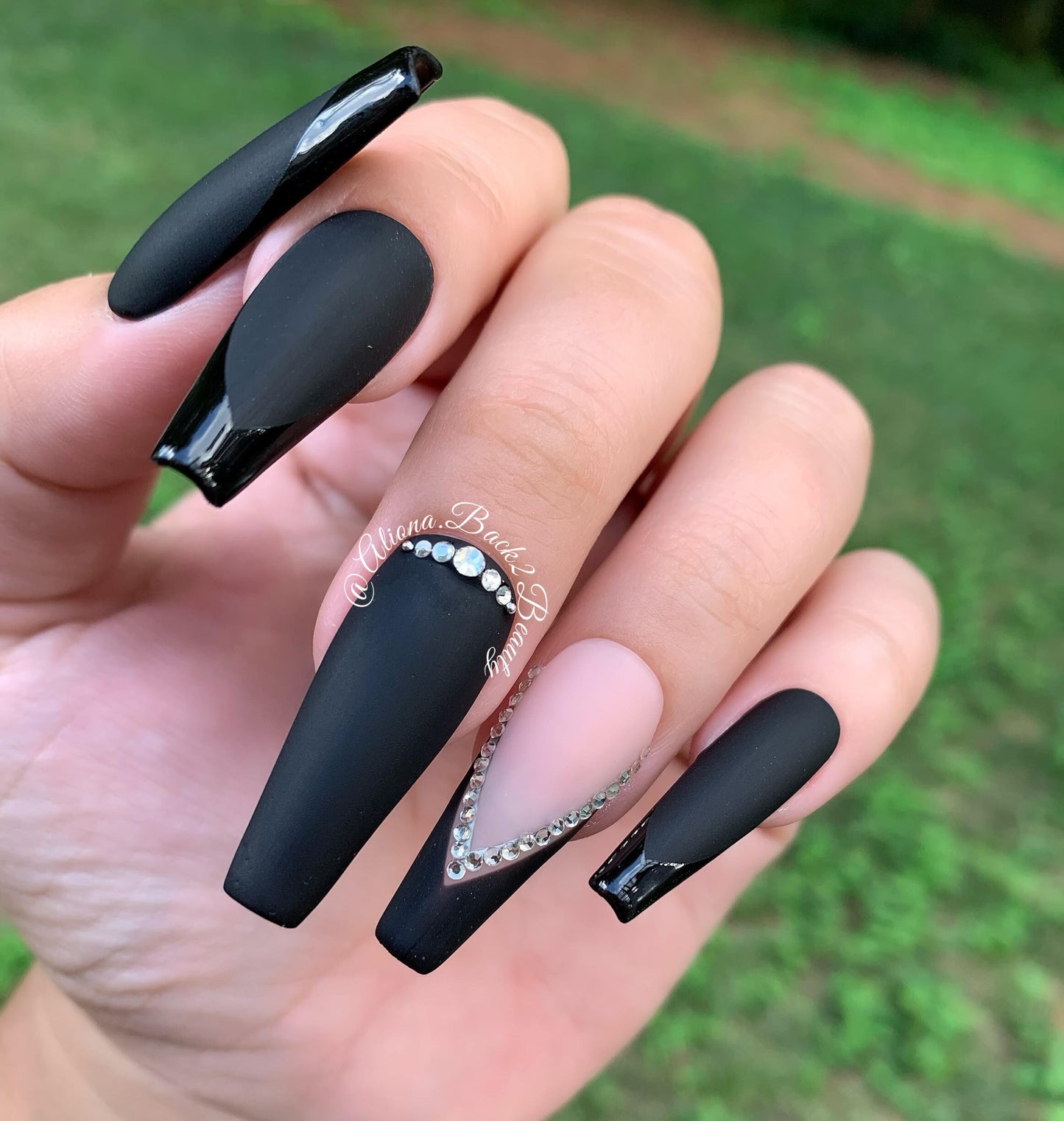 Black on black matte and glossy nails with bling accents/ Reusable press on nails/ Handcrafted press on nails