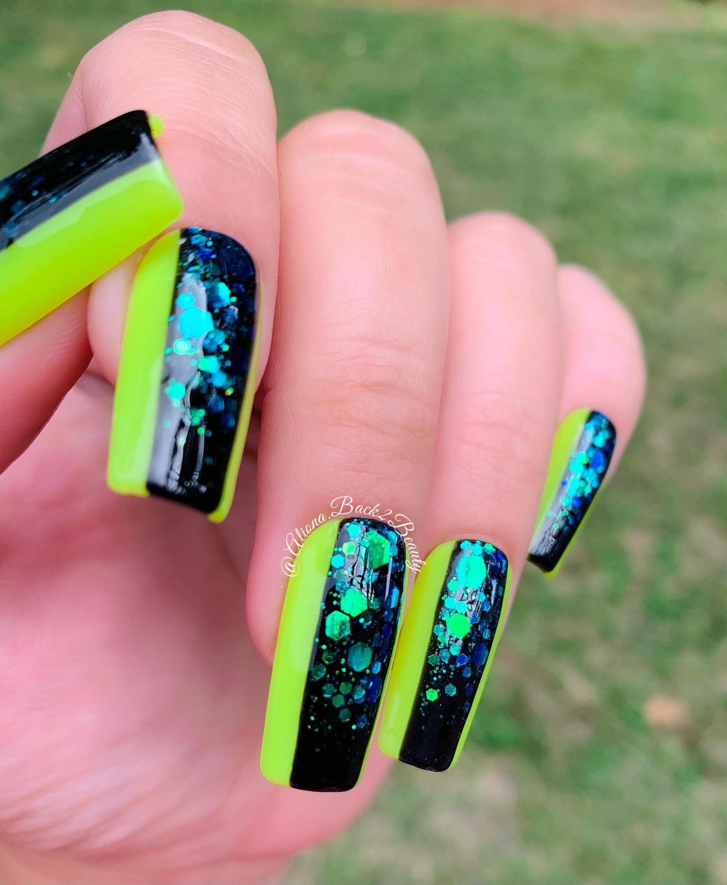 Abstract neon yellow and black nails with green glitter accents/ Handmade Summer Press on Nails/ Reusable Fake Nails