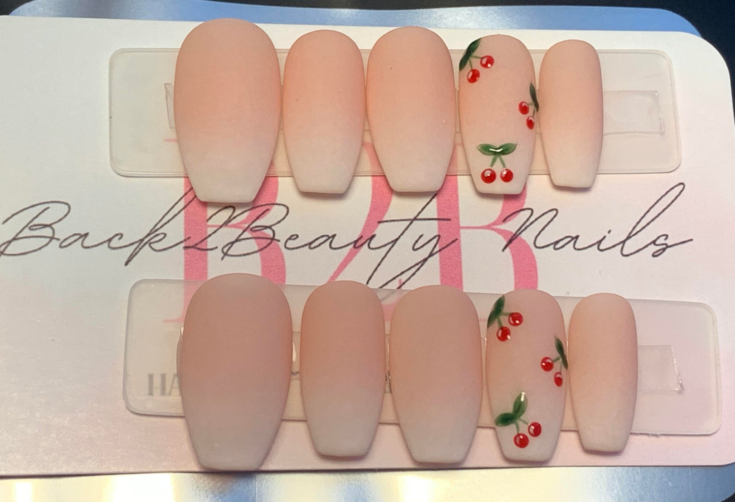 Nude Ombre Press on Nails with Cherry Accents/ Elegant Nails/ Handmade Summer Nails/ Short Press On Nails/ Long Press on Nails