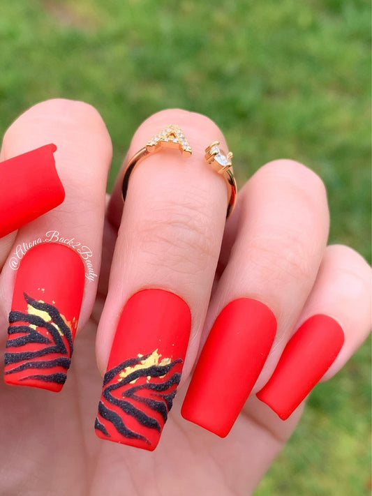 Handpainted  Zebra Press on Nails/Red Press on Nails/Textured Press on Nails