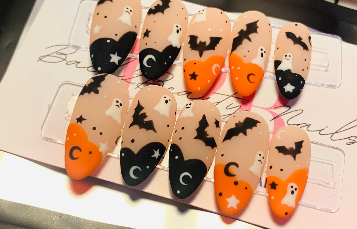 Cute Hand Painted Halloween French Nails/ Reusable Press on Nails/ Handmade Spooky Nails