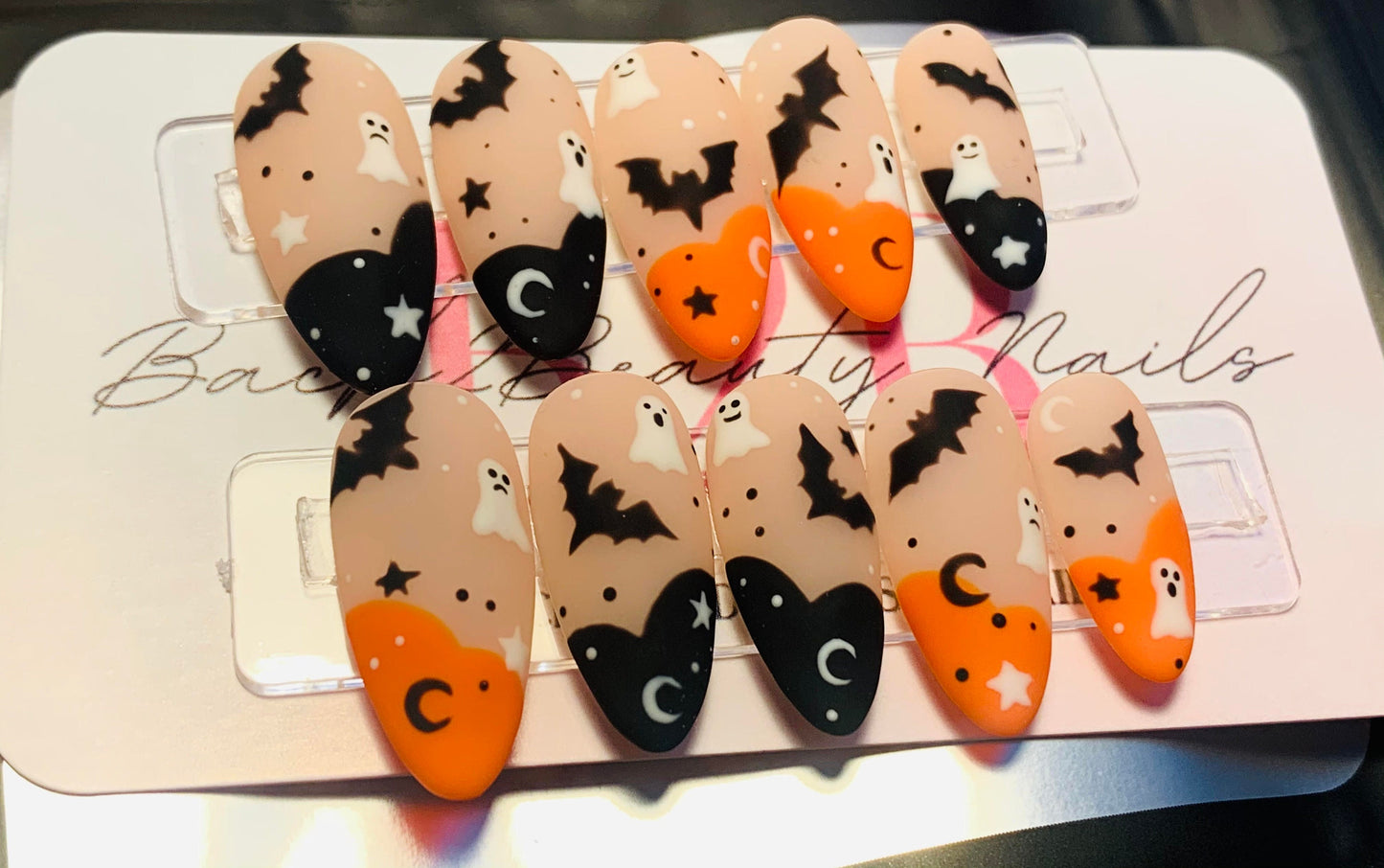 Cute Hand Painted Halloween French Nails/ Reusable Press on Nails/ Handmade Spooky Nails