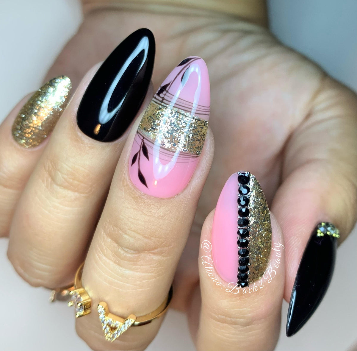 Pink, Black, and Champagne Press on Nails/ Reusable Elegant Press on Nails/ Handmade Nails