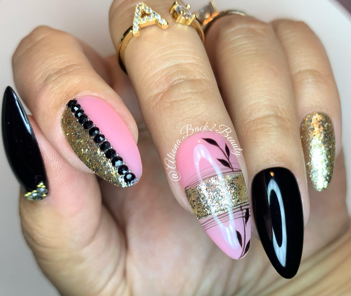 Pink, Black, and Champagne Press on Nails/ Reusable Elegant Press on Nails/ Handmade Nails