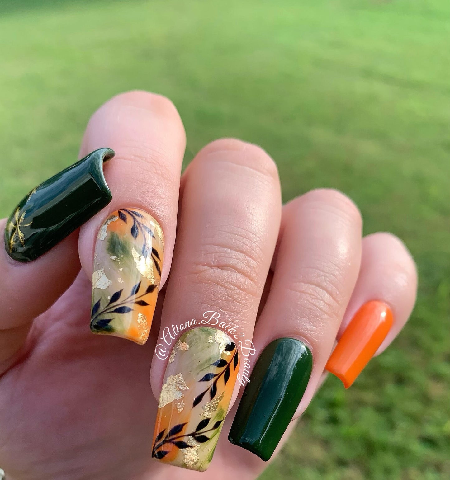 Reusable Green and Orange Fall Nails/ Reusable Fall Press on Nails