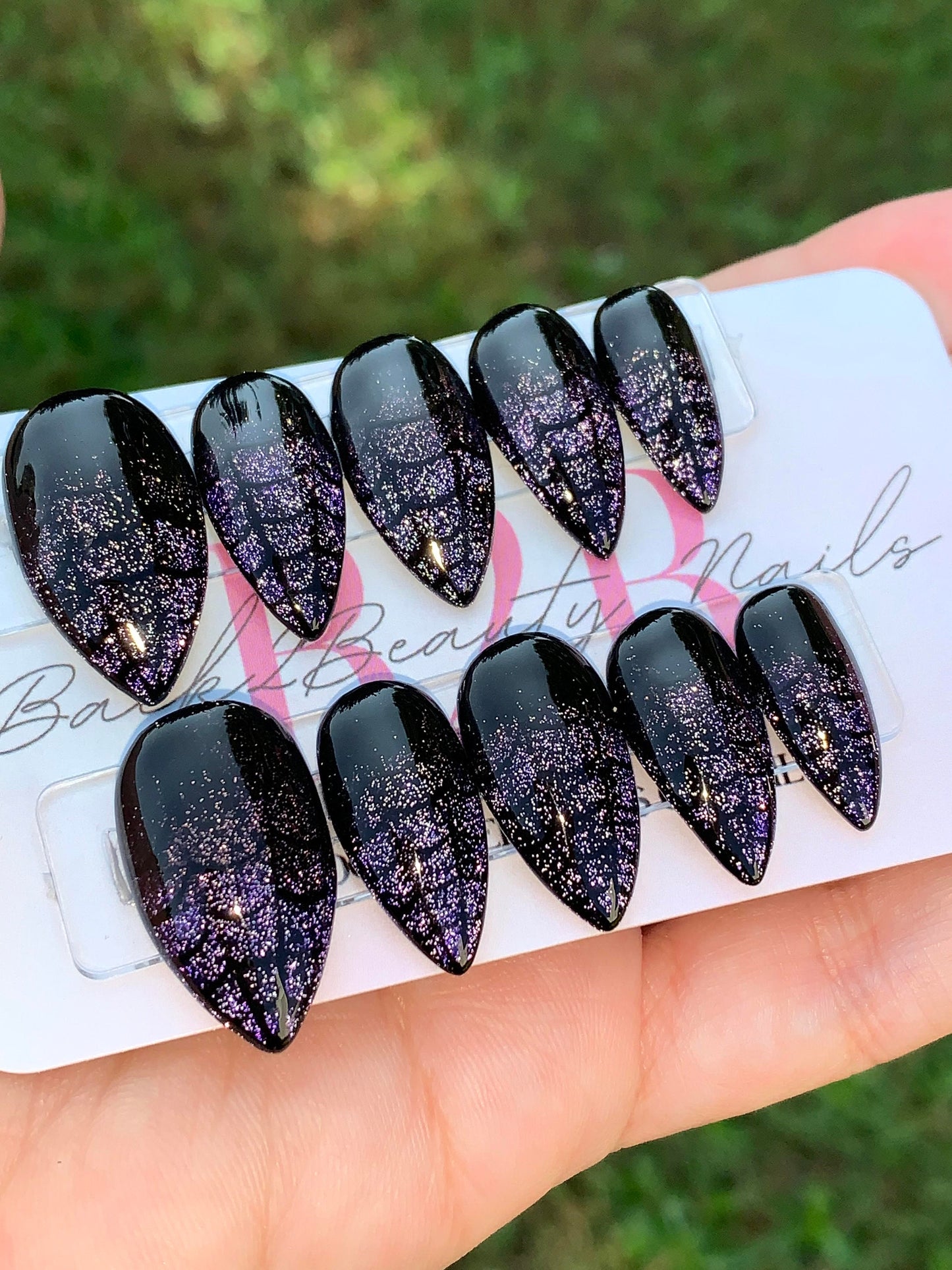 Purple and Black Ombre Spider Webs Nails/ Reusable Halloween Press on Nails/Purple and Black Reflective Glitter Nails/ HandmadeGlue on Nails