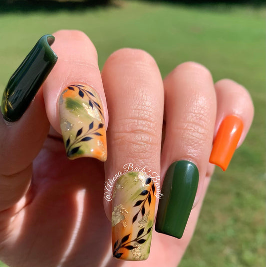 Reusable Green and Orange Fall Nails/ Reusable Fall Press on Nails