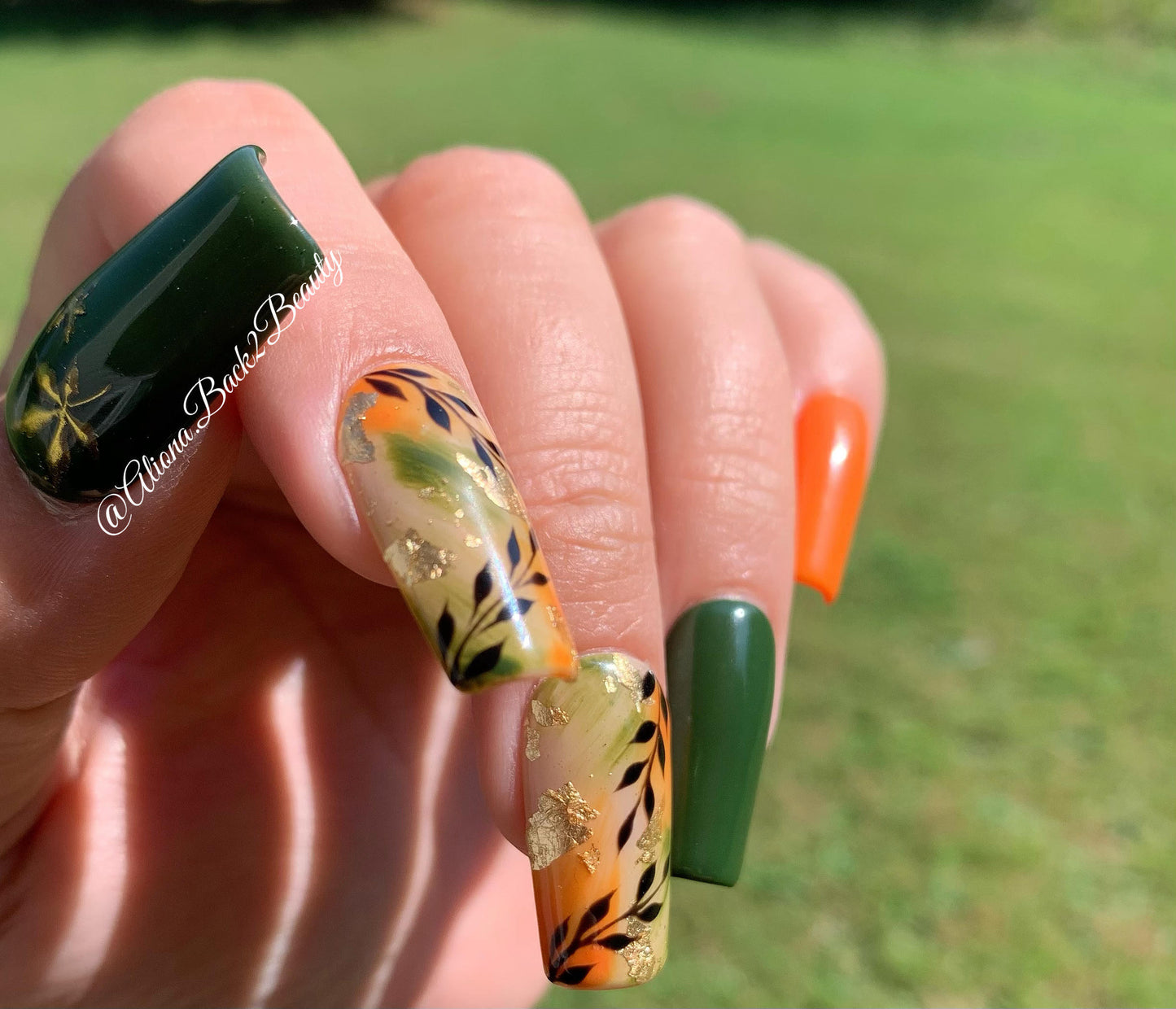 Reusable Green and Orange Fall Nails/ Reusable Fall Press on Nails