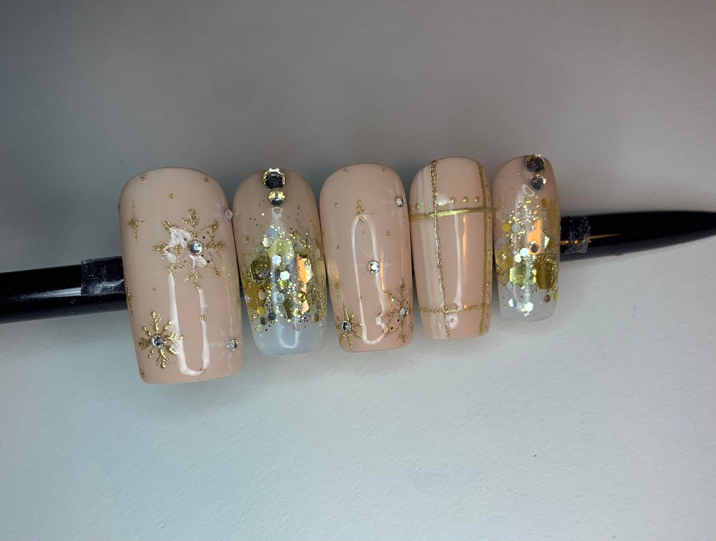 Handmade Nude Winter Nails, Gold and Nude Christmas Nails, Reusable Glitter Press on Nails, Glue on Nails