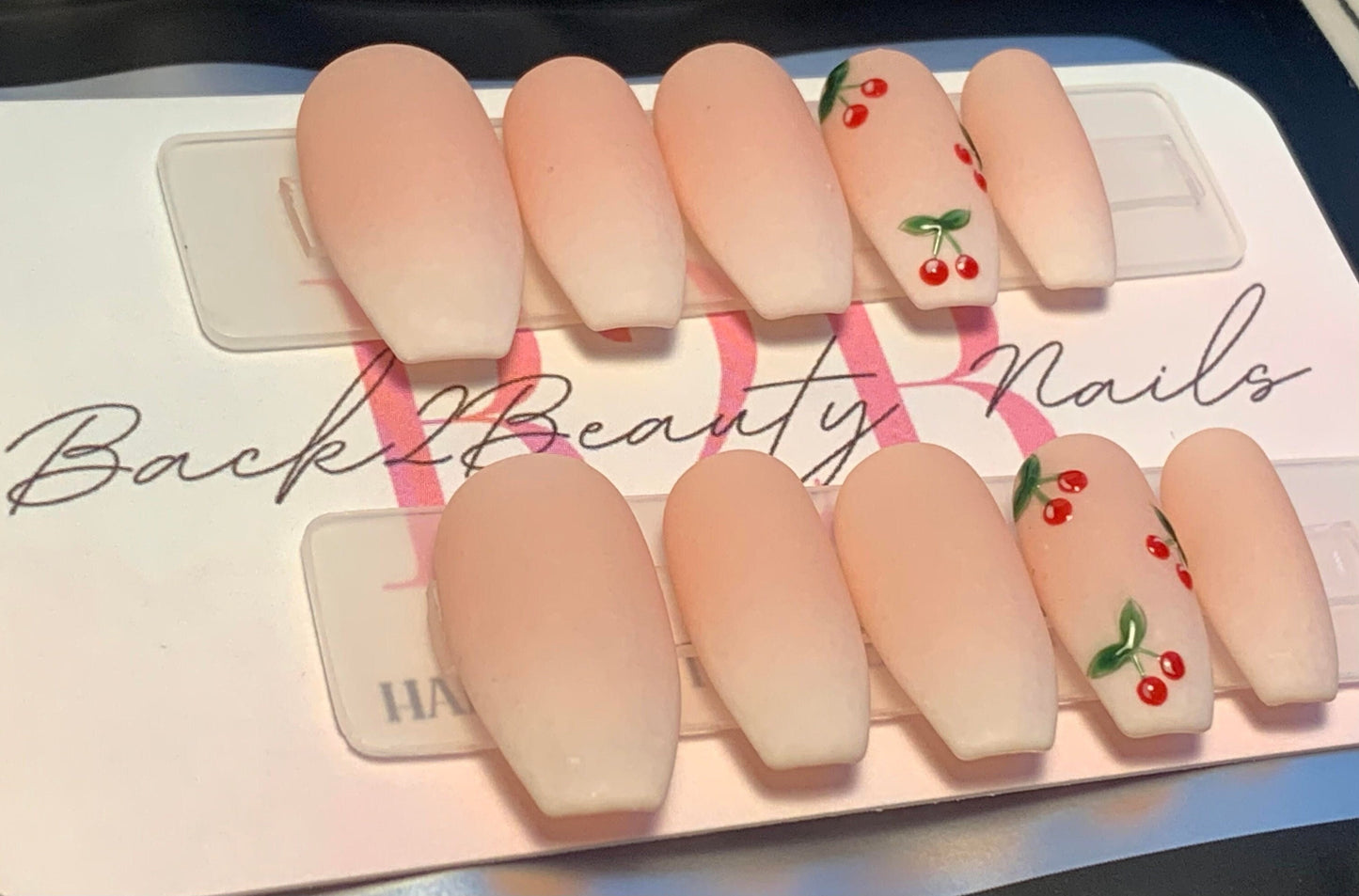 Nude Ombre Press on Nails with Cherry Accents/ Elegant Nails/ Handmade Summer Nails/ Short Press On Nails/ Long Press on Nails