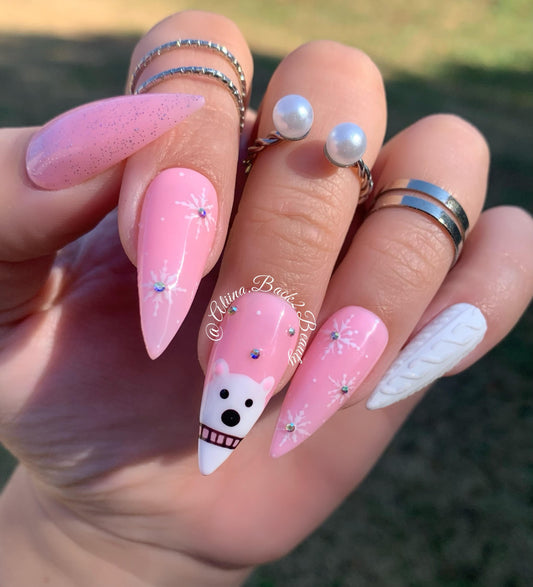 Soft Pink Winter Press on Nails, Reusable Polar Bear Winter Press on Nails, Textured Christmas Sweater Nails, Handmade Glue on Nails