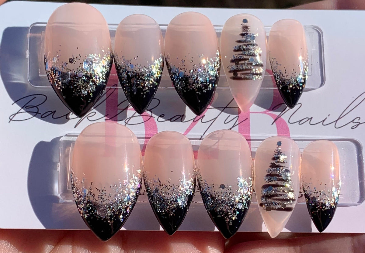 Black and Silver Winter Nails, French Christmas Nails, Handmade Sparkly Holiday Nails, Glue on Nails