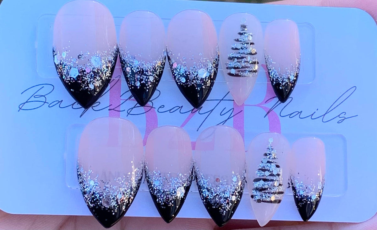 Black and Silver Winter Nails, French Christmas Nails, Handmade Sparkly Holiday Nails, Glue on Nails