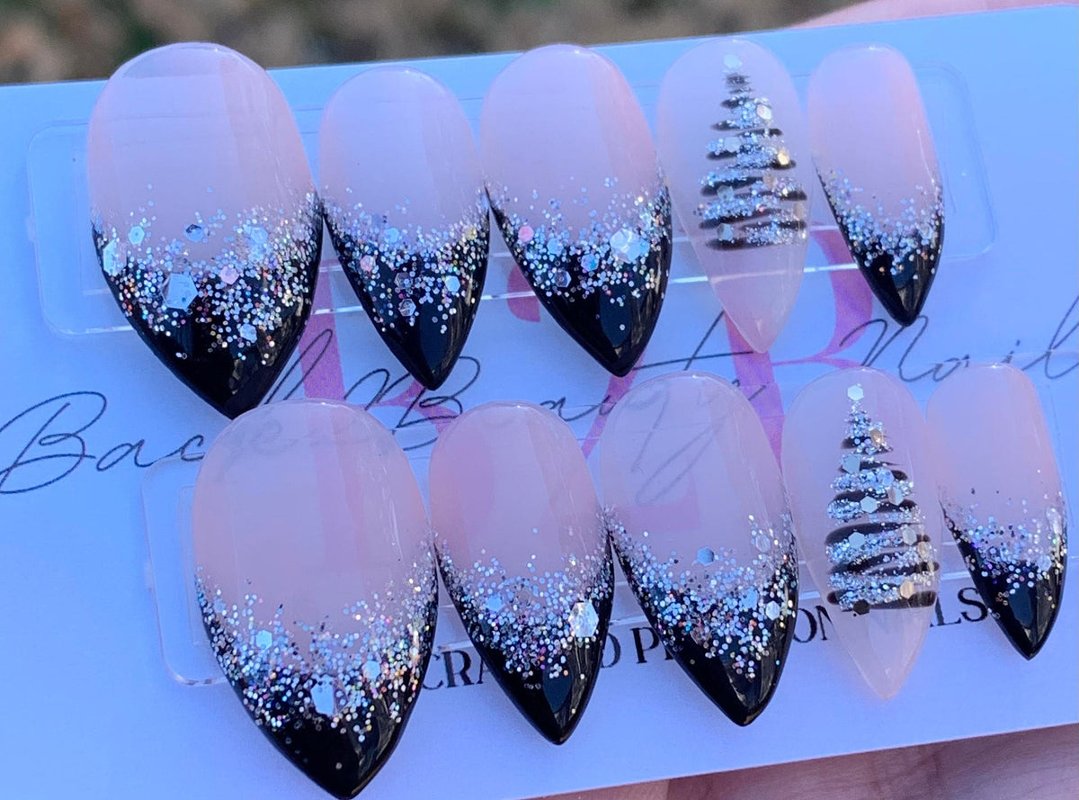 Black and Silver Winter Nails, French Christmas Nails, Handmade Sparkly Holiday Nails, Glue on Nails