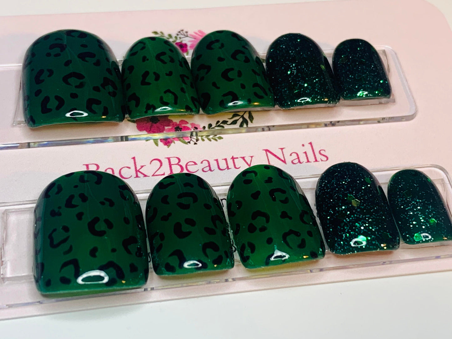 Emerald Green Cheetah Nails, Animal Print and Glitter Nails, Handmade Glue on Nails