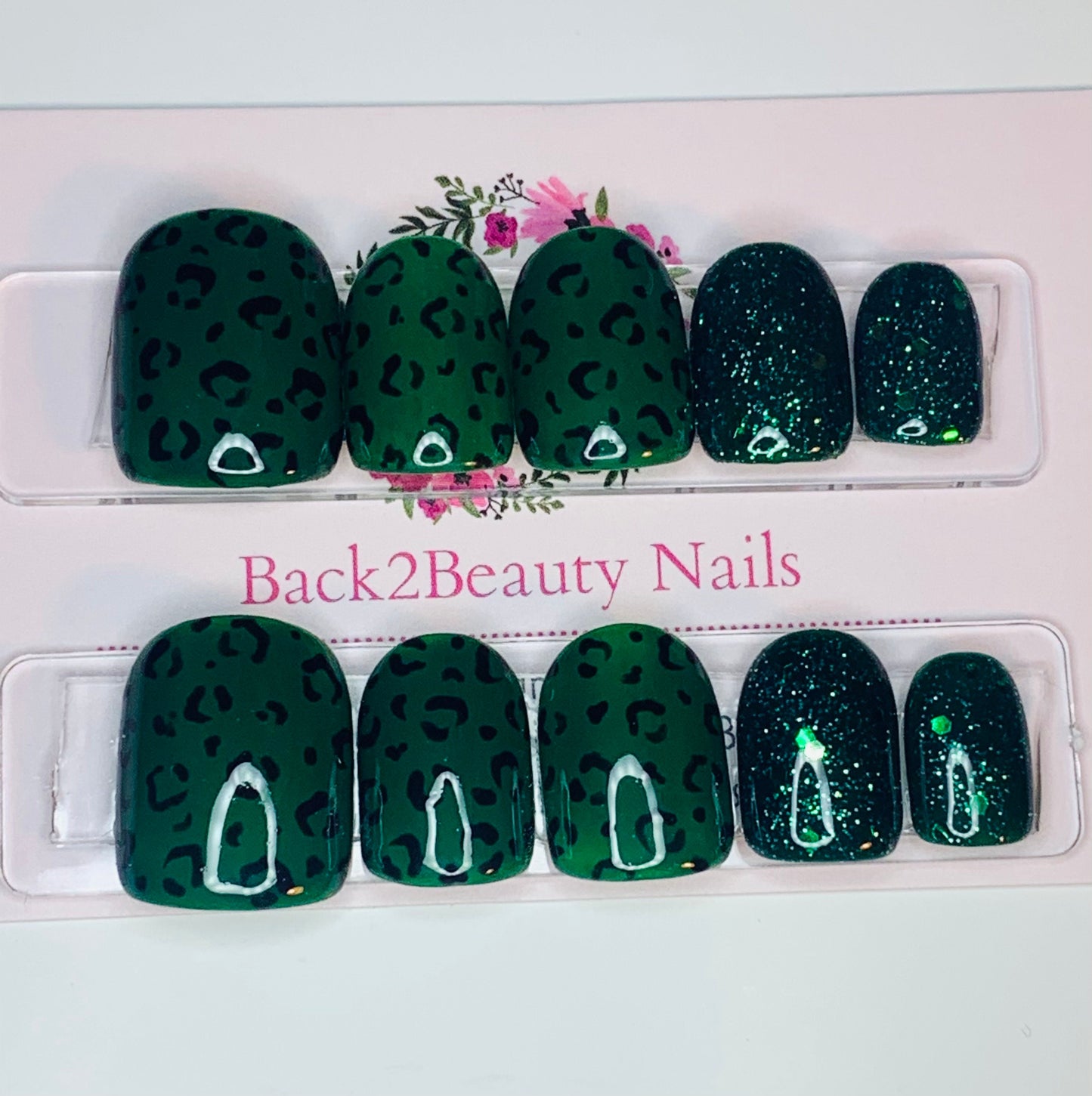 Emerald Green Cheetah Nails, Animal Print and Glitter Nails, Handmade Glue on Nails