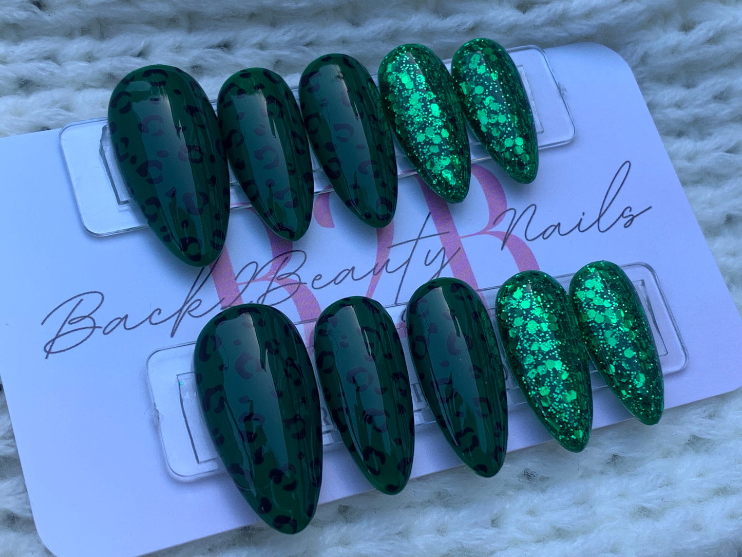 Emerald Green Cheetah Nails, Animal Print and Glitter Nails, Handmade Glue on Nails