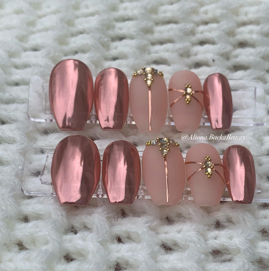 Reusable Rose Gold and Nude Nails / HandmadeElegant Nails/ Nude and Chrome Nails/ Short Press On Nails/ Long Press on Nails/ Reusable Fake N