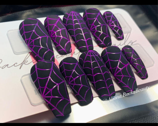 Reusable Purple and Black Spider Web Press on Nails/ Halloween Nails/ Press On Nails/ Hand Painted/ Fake Nails/ Glue On Nails/ False Nails
