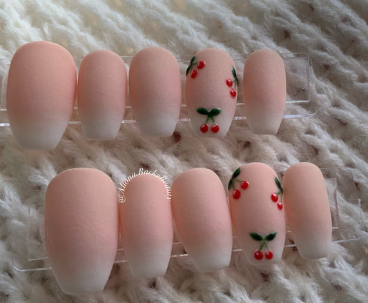 Nude Ombre Press on Nails with Cherry Accents/ Elegant Nails/ Handmade Summer Nails/ Short Press On Nails/ Long Press on Nails