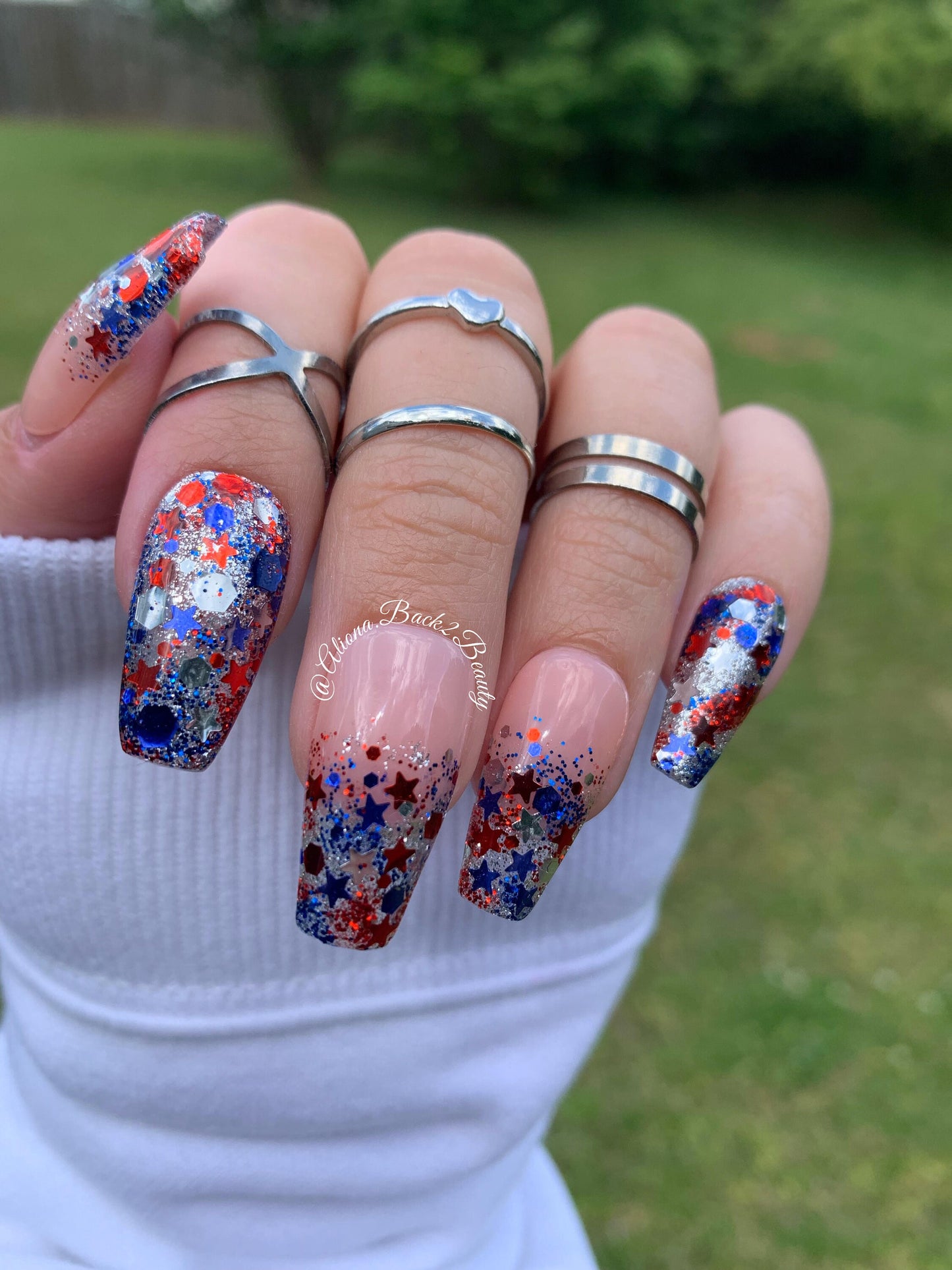 Reusable 4th of July Glitter Nails/ USA Nails/ Reusable Fake Nails/ Glitter Nails/ Patriotic Nails/ Red, White, and Blue Press on Nails