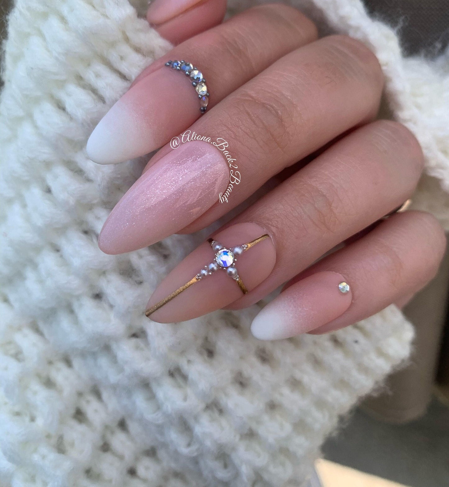 Reusable Elegant White and Nude Nails/ Handmade Wedding Nails with cooper and blue accents/ Fake Elegant Nails/ Cross Easter Nails