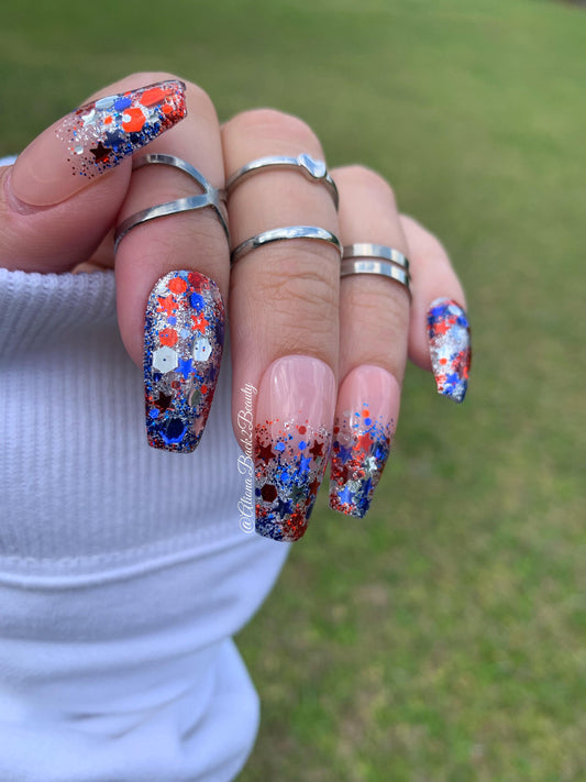 Reusable 4th of July Glitter Nails/ USA Nails/ Reusable Fake Nails/ Glitter Nails/ Patriotic Nails/ Red, White, and Blue Press on Nails