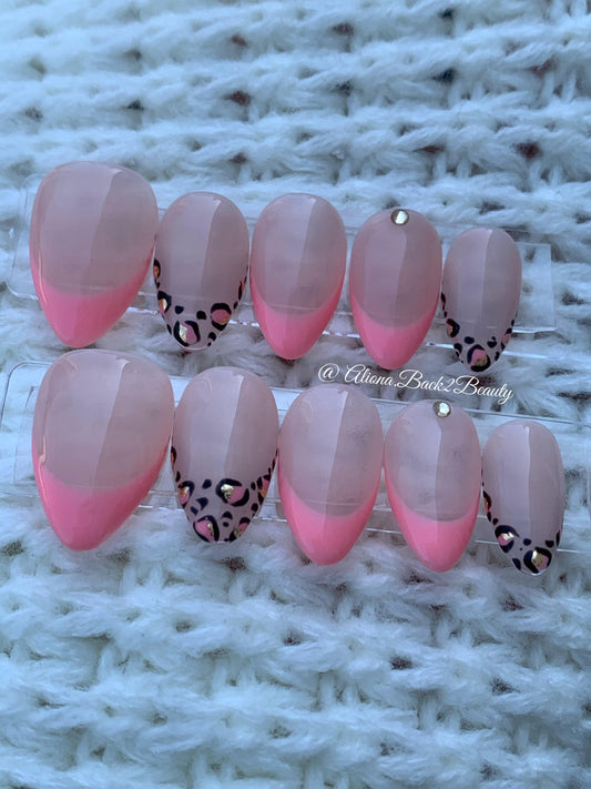 Nude and Pink Nails/ Reusable Fake Nails/ Handmade Cheetah  Nails/ French Nails/ Pink French Press on Nails
