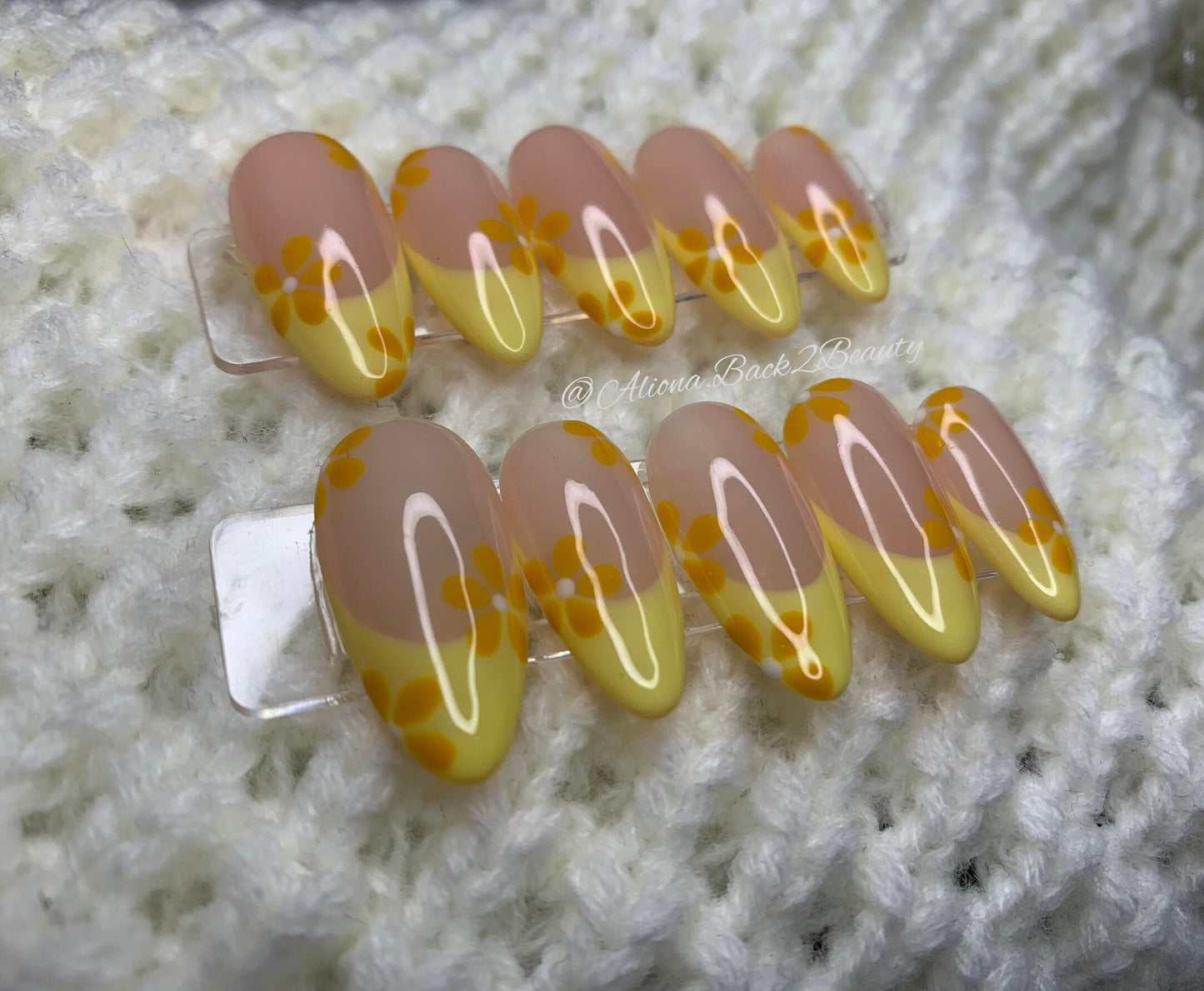 Floral Yellow French Nails/ Reusable Fake Nails/ Handmade Floral Nails/ Yellow Summer Nails Press on Nails
