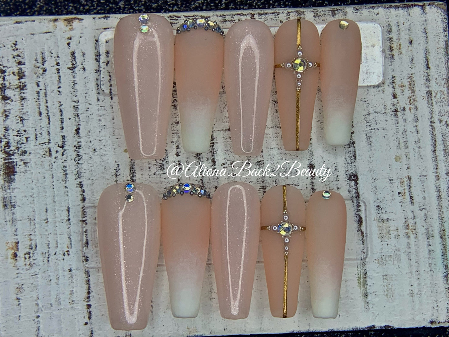 Reusable Elegant White and Nude Nails/ Handmade Wedding Nails with cooper and blue accents/ Fake Elegant Nails/ Cross Easter Nails