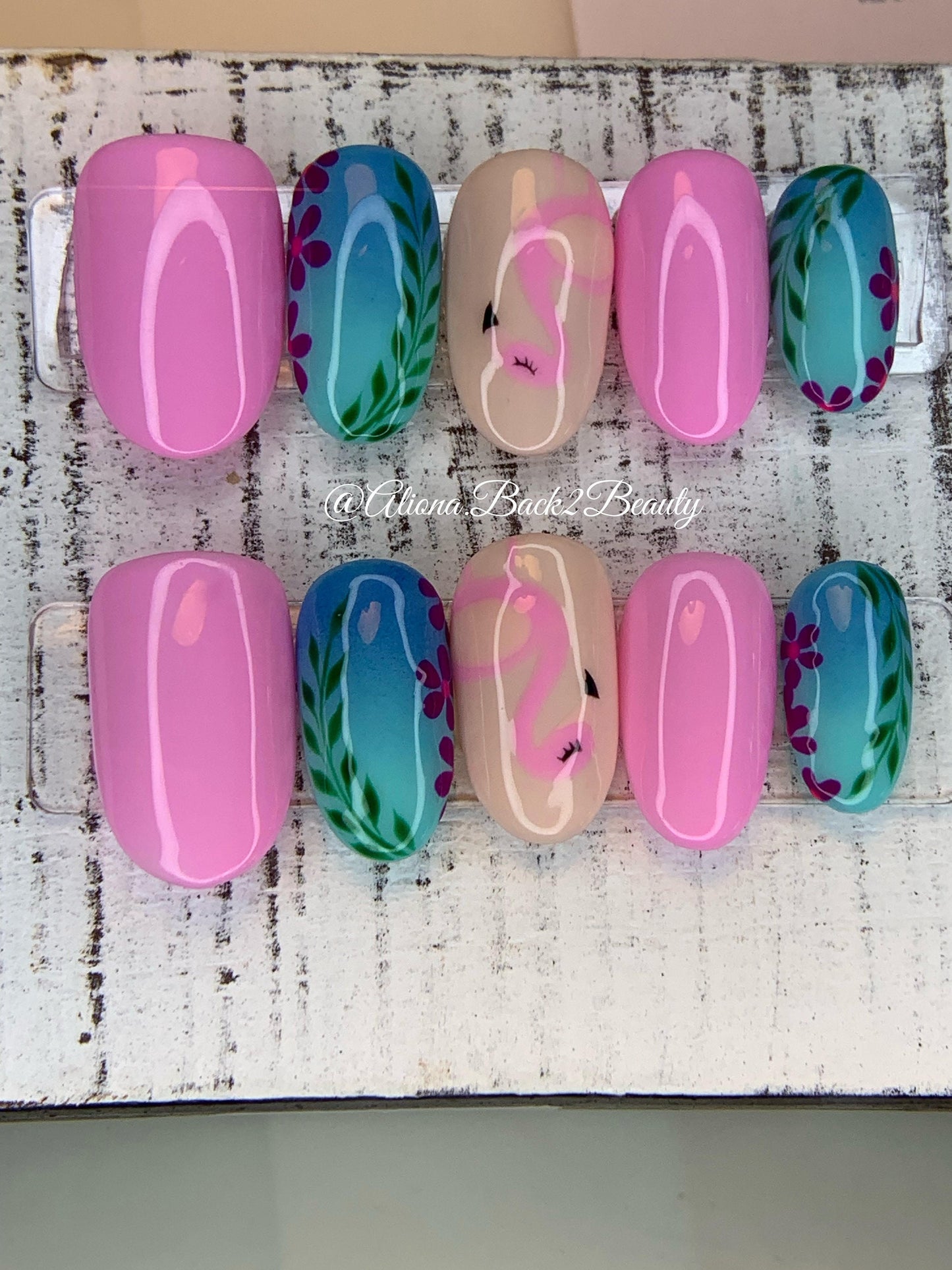 Tropical Flamingo Press on Nails/ Reusable Fake Nails/ Handmade Tropical Ombre Press on Nails/ Summer Nails/ Blue and Pink Summer Nails