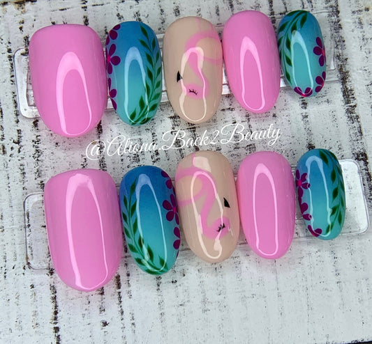 Tropical Flamingo Press on Nails/ Reusable Fake Nails/ Handmade Tropical Ombre Press on Nails/ Summer Nails/ Blue and Pink Summer Nails