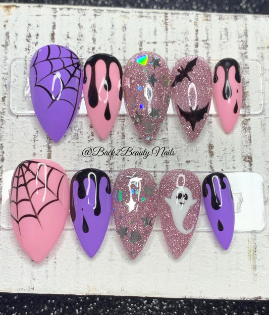 Pink and Purple Halloween Nails/ Handmade Reusable Press on Nails/ Cute and Spooky Nails