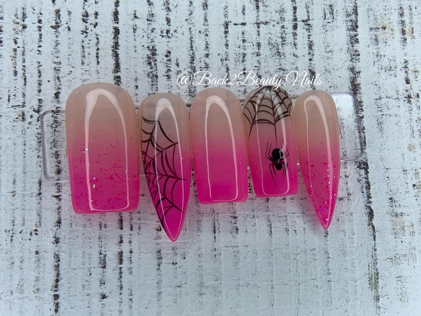 Hot Pink and Nude Halloween Nails/ Handmade Reusable Press on Nails/ Cute and Spooky Nails/ Vampire Teeth Style Nails/ Spider Web Nails