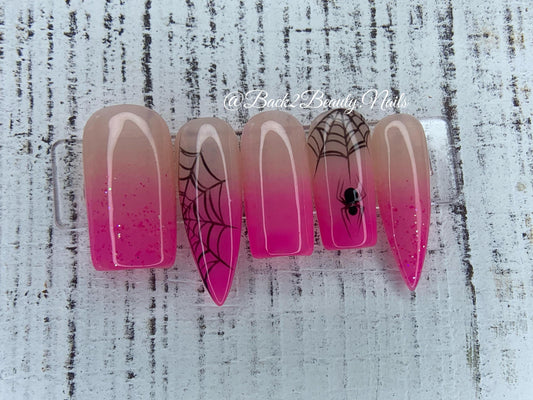 Hot Pink and Nude Halloween Nails/ Handmade Reusable Press on Nails/ Cute and Spooky Nails/ Vampire Teeth Style Nails/ Spider Web Nails