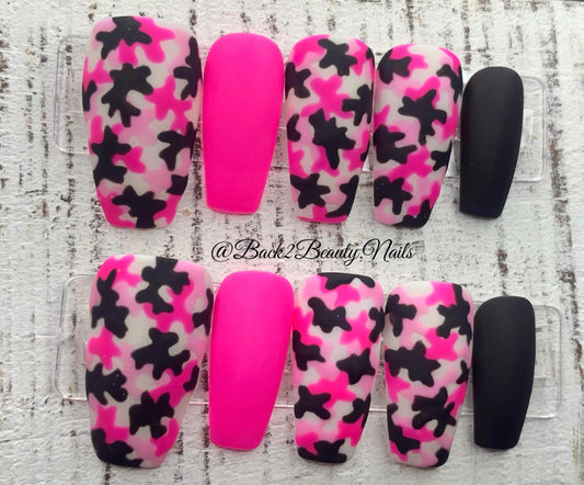 Pink Camouflage Press on Nails/ Handpainted Camo Nails