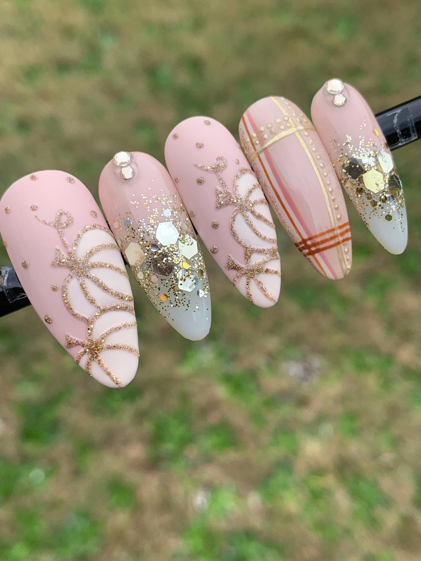 Elegant Nude and Gold Fall Nails, Handcrafted Autumn Nails, Reusable Thanksgiving Press on Nails, Fall Press Ons, Pumpkin Nails, Plaid Nails