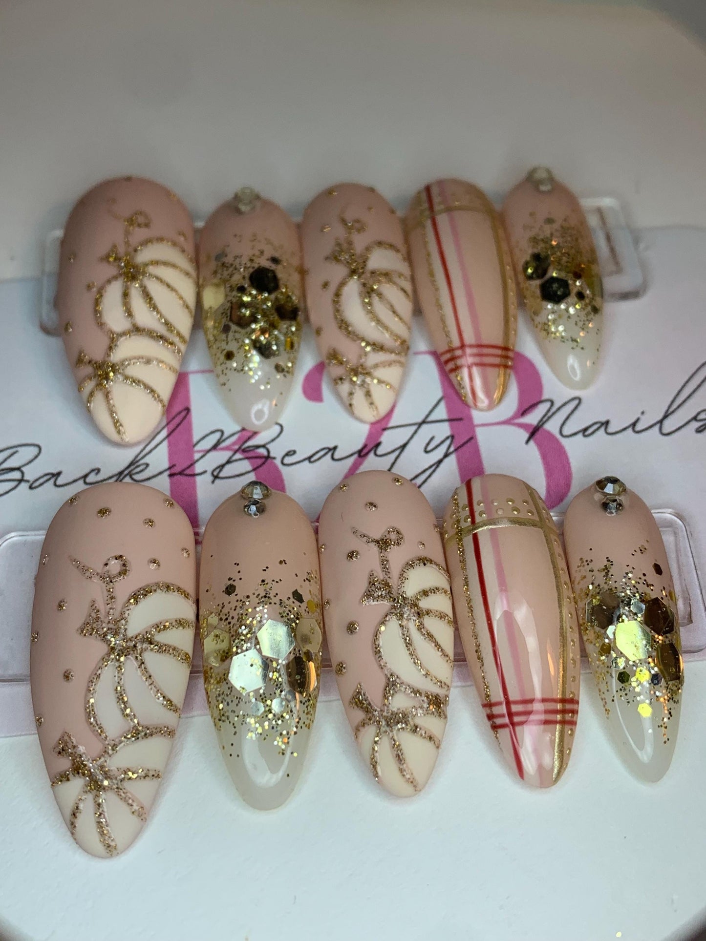 Elegant Nude and Gold Fall Nails, Handcrafted Autumn Nails, Reusable Thanksgiving Press on Nails, Fall Press Ons, Pumpkin Nails, Plaid Nails