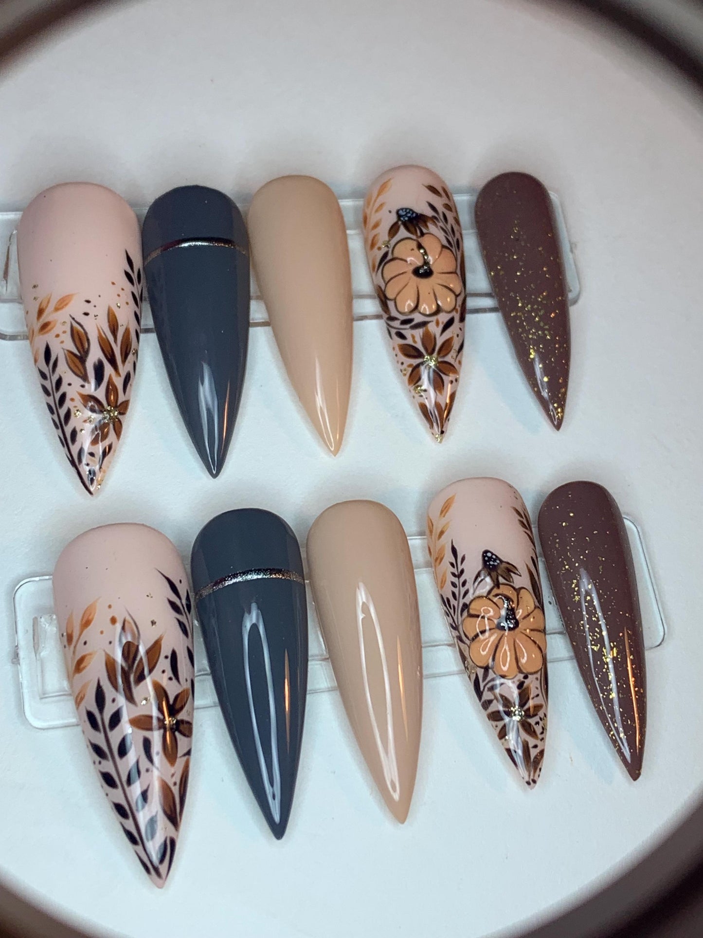 Hand Painted Floral Fall Nails, Handcrafted Autumn Nails, Reusable Thanksgiving Press on Nails, Fall Press Ons, Pumpkin Nails, Nude Nails