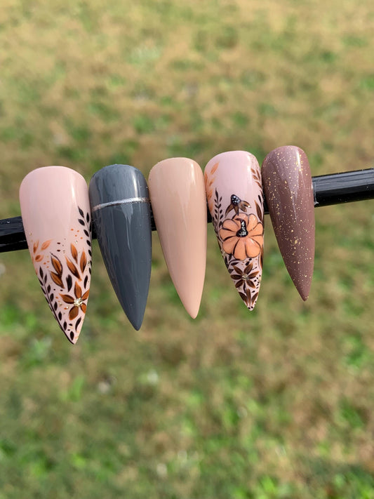 Hand Painted Floral Fall Nails, Handcrafted Autumn Nails, Reusable Thanksgiving Press on Nails, Fall Press Ons, Pumpkin Nails, Nude Nails